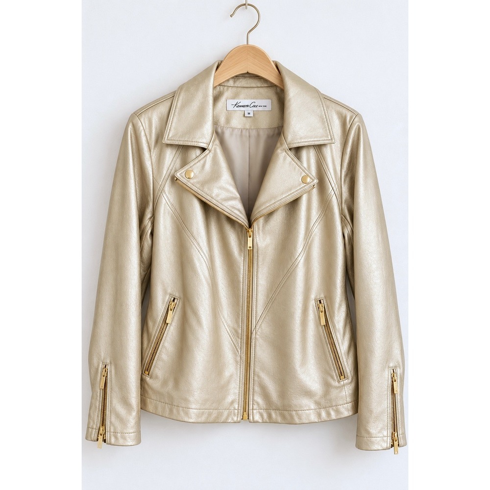 Kenneth Cole Soft Metallic Champagne Gold Vegan Leather Moto Biker Jacket 3X